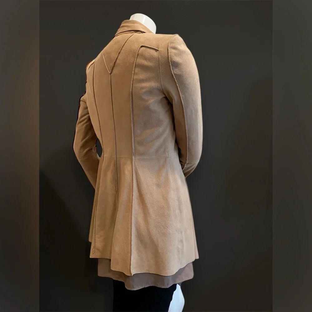 $648‼️BCBGMaxAzria Suede Camel Draped Blazer Coat Jacket Minimalist Quite Luxury - Picture 5 of 12